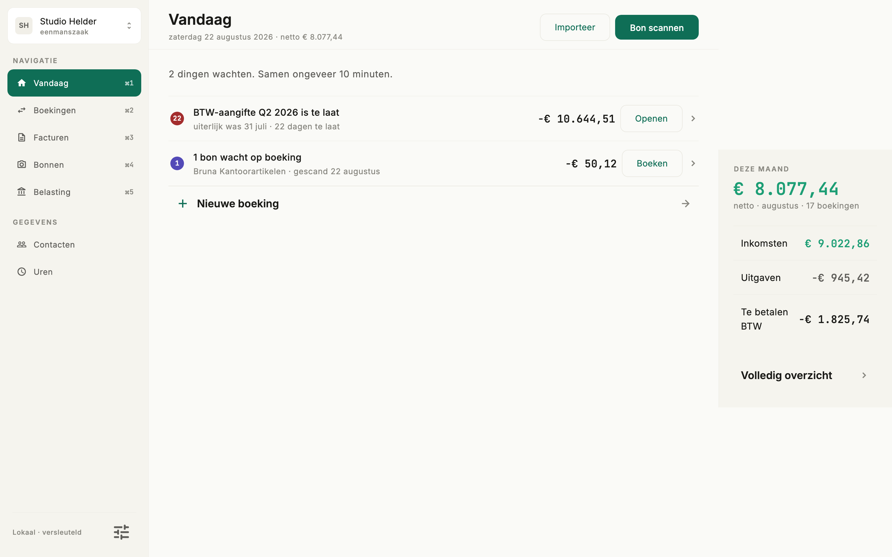 boeq op macOS — het Vandaag-dashboard met deze maand omzet, kosten en netto resultaat