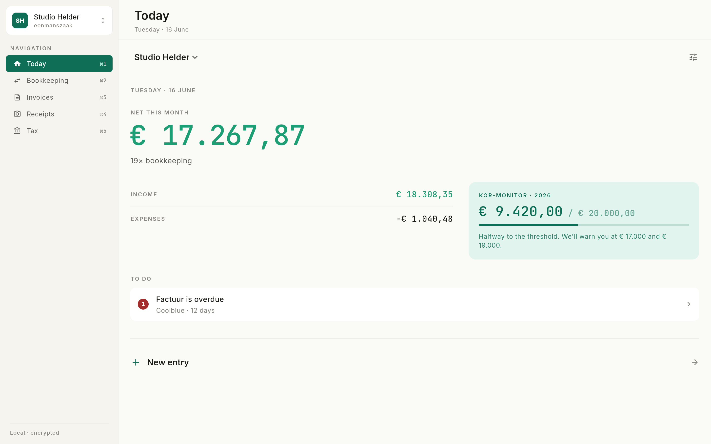 boeq on macOS — the Vandaag dashboard showing this month's income, expenses, and net result