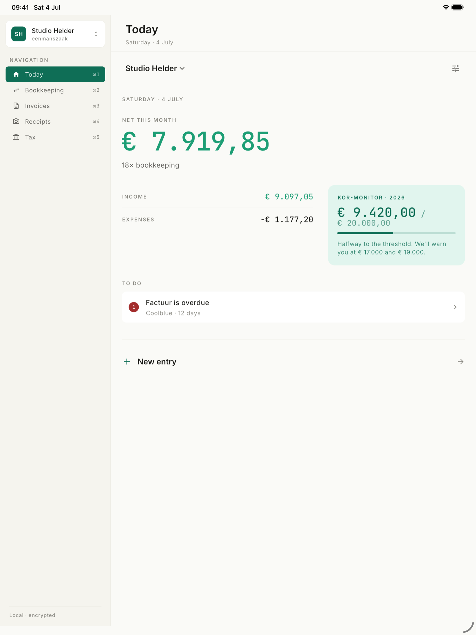 boeq on iPad — the Vandaag dashboard with sidebar navigation for Today, Bookkeeping, Invoices, Receipts and Tax